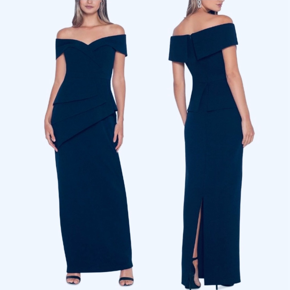 X by XSCAPE
Off-The-Shoulder
Peplum Gown size 4P 4 Petite  or 16 Navy Blue NWT